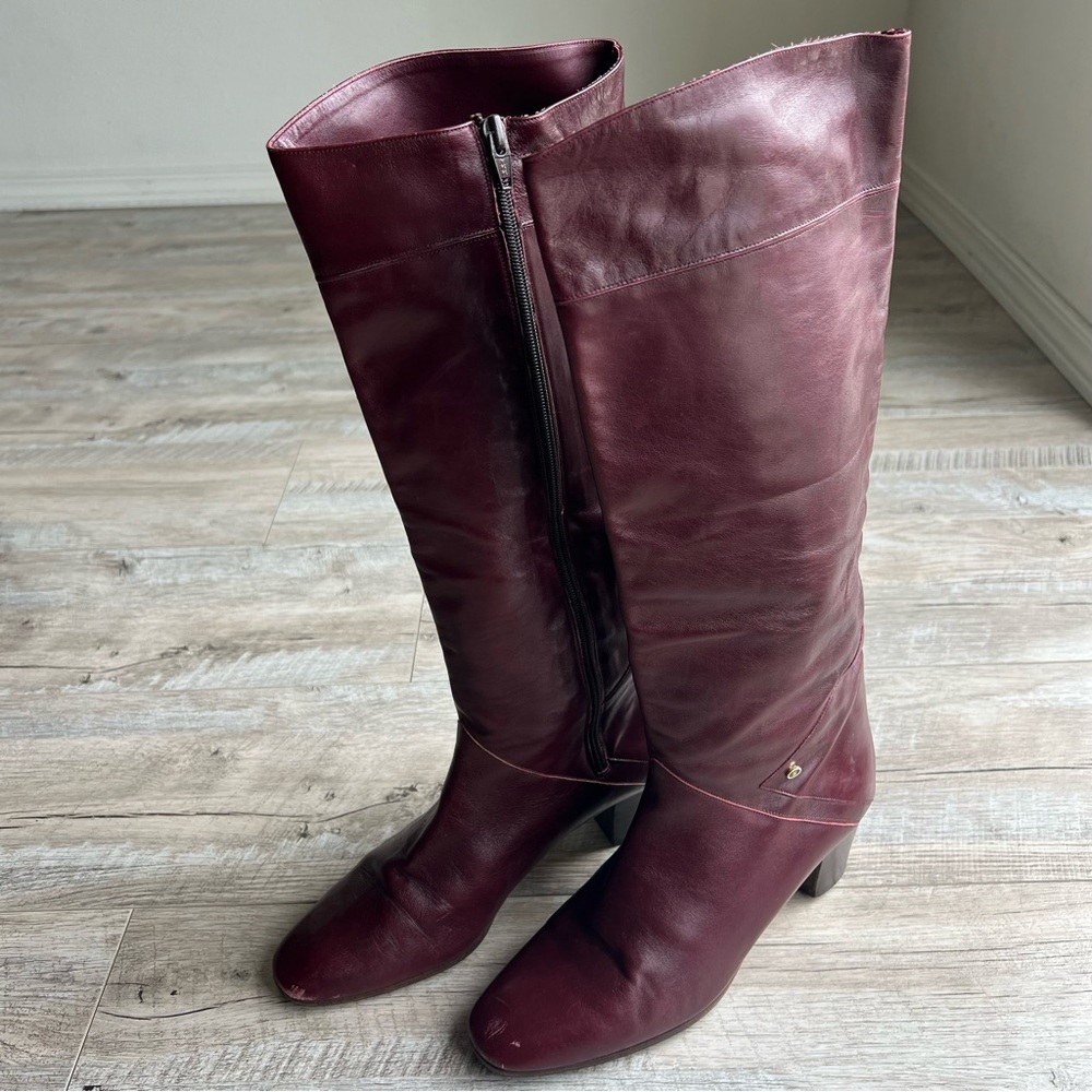 Vintage Bally Leather Burgundy Oxblood Heeled Knee High Boots